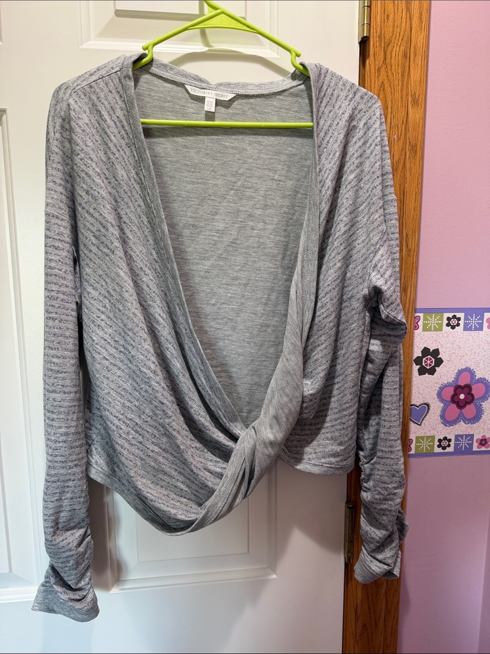 Gray/purple striped Twist-Front Draped Cardigan